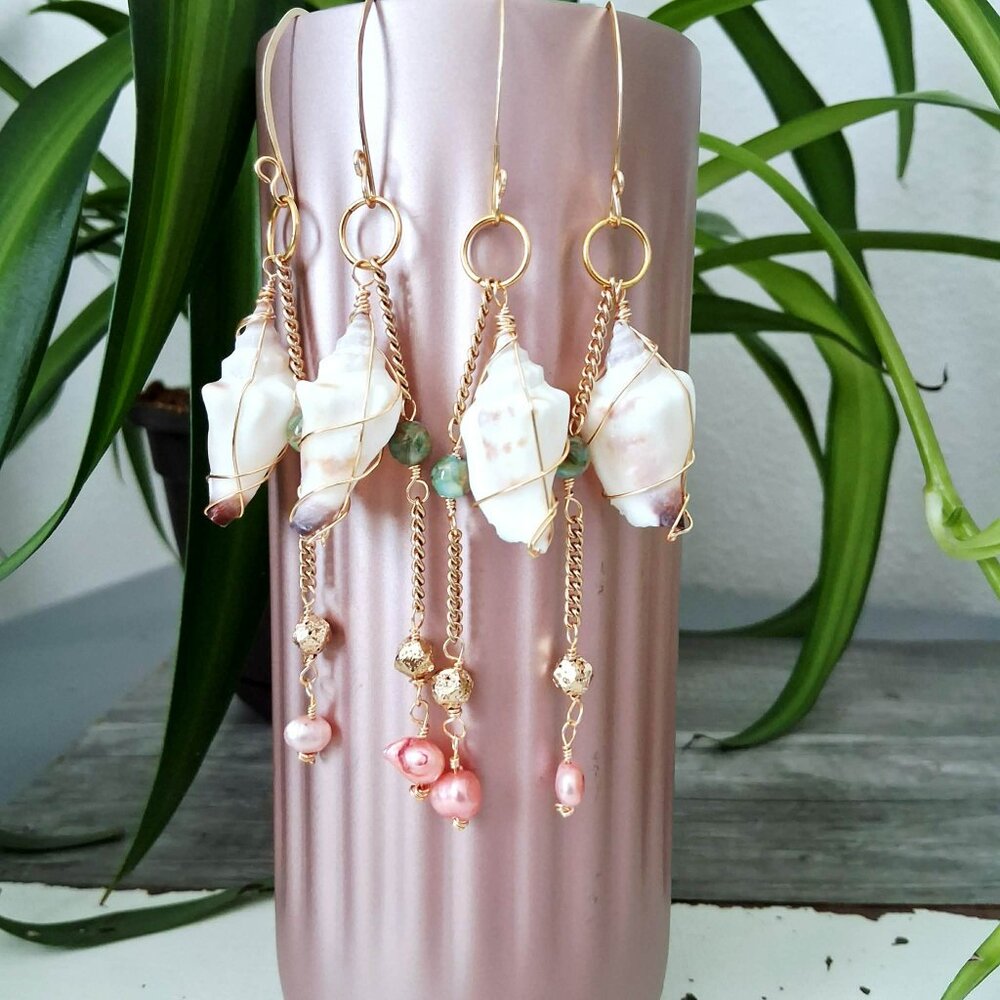Long beaded mermaid vibes dangle drop earrings, 4.5" shells & mother of pearl